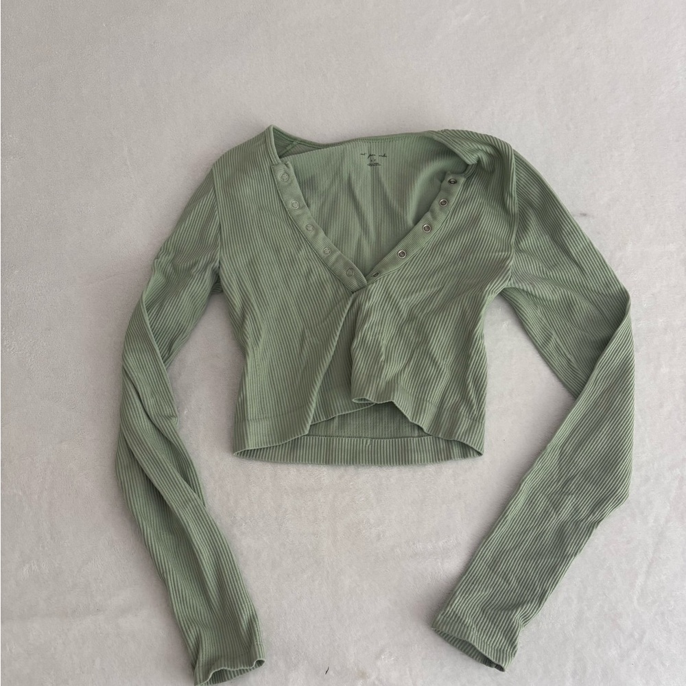 Urban Outfitters out from under light Green snap button up Crop long sleeve tee